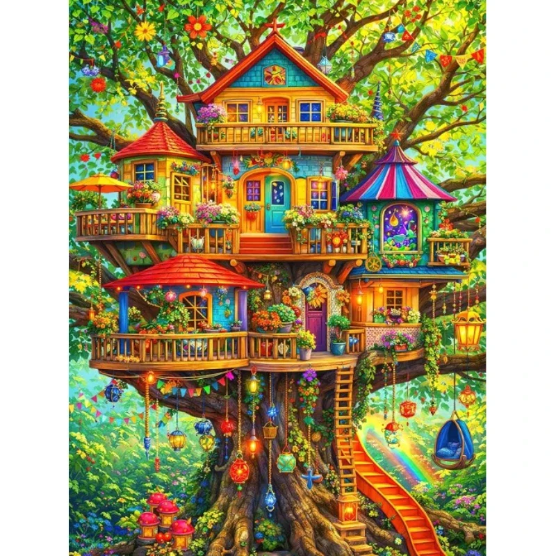 Kit de peinture à strass sur le thème d’une maison dans les arbres, idéal pour décorer le mur d’un salon : une maison dans les arbres au cœur d’une forêt magique luxuriante, un cadeau exquis.