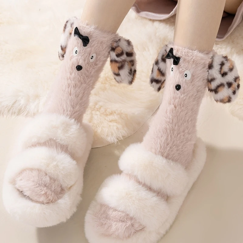 Women Cartoon 3D Dog Ears Fuzzy Plush Socks Winter Warm Thicken Soft Fleece Sleep Socks Thermal Floor Slipper Socks M6CD