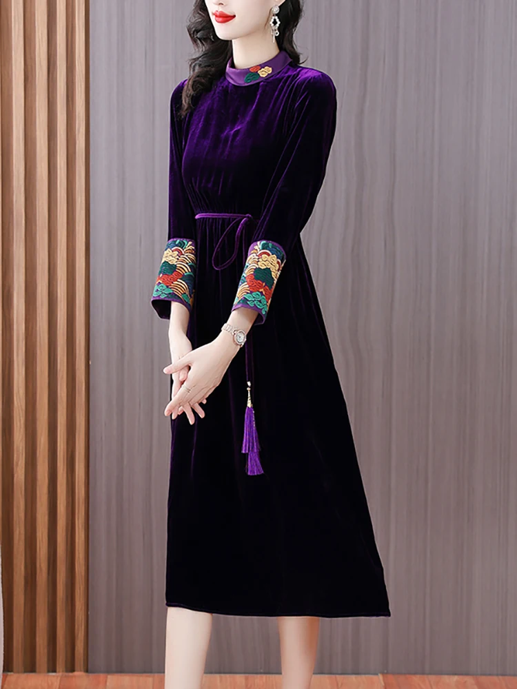 Autumn Winter Purple Velvet Chic Tassel Bandage Long Dress Luxury Elegant Party Dress for Women 2024 Korean Vintage Bodycon Robe