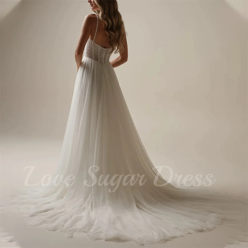 A Line Beading Pearls Wedding Dress Spaghetti Strap V Neck Bridal Gowns High Slit Back Button Bride Dresses robe de mariée