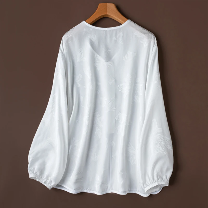 Damska jedwabna koszula 100% jedwab morwowy 20 momme biała żakardowa jedwabna bluzka z chińskimi guzikami, długi rękaw, do pracy biurowej M1453