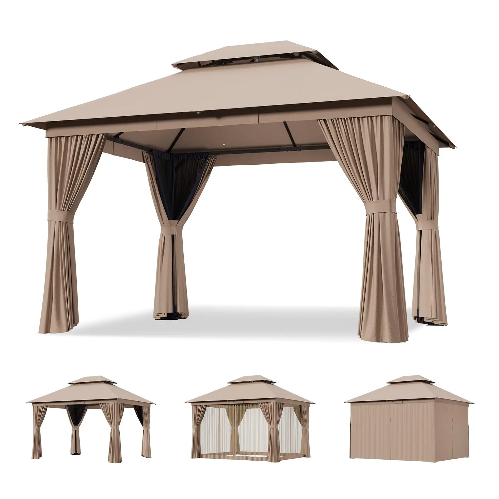 12'x10' Outdoor Gazebo with Curtain & Mosquito Netting, Beige