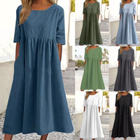 Summer New Cotton and Linen Casual Short Sleeve Pocket Fold Loose Round Neck Women's Dress 300