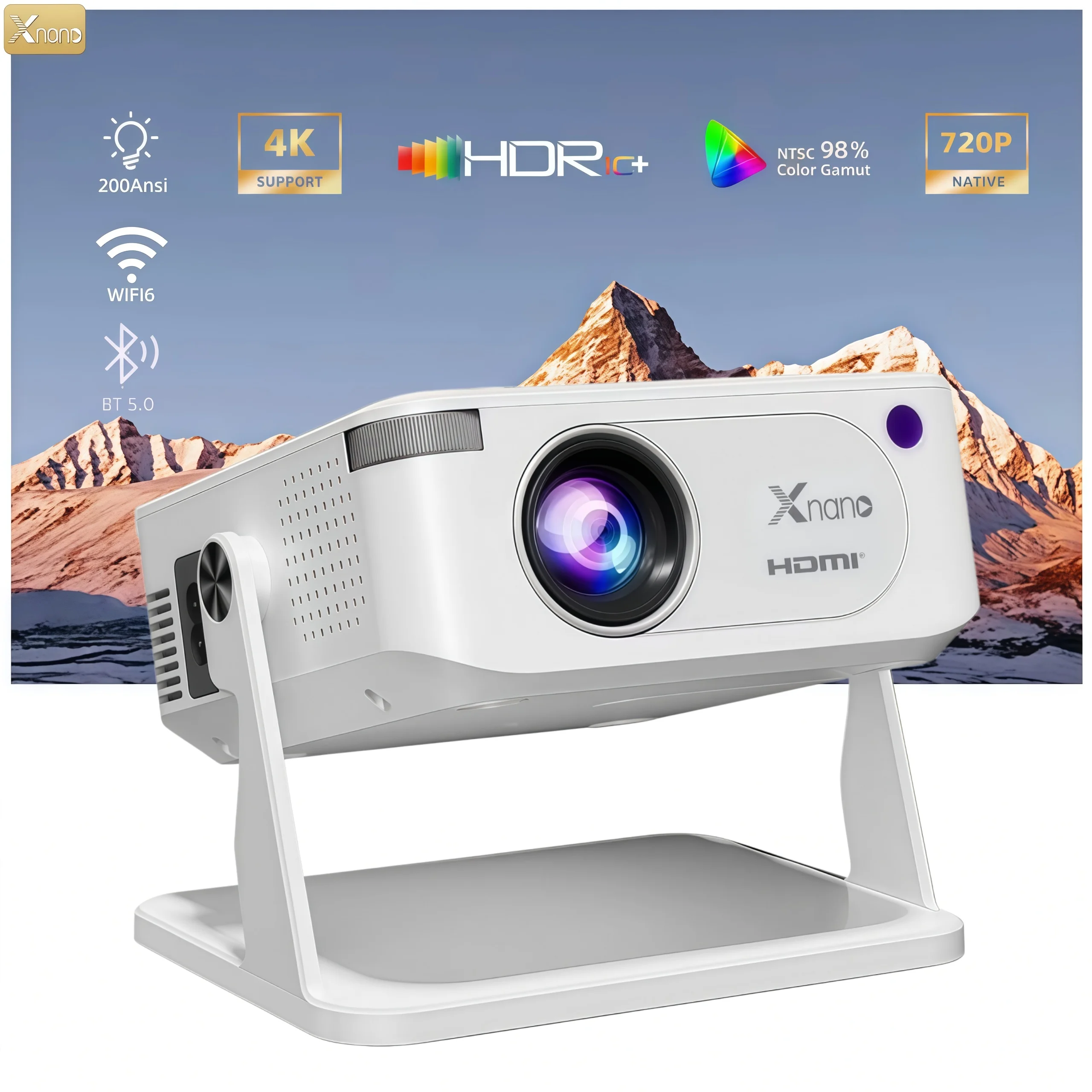 

XNANO HA109 Portable LED Projector with Android 11 720P 4K Video Support WiFi 6 BT5.0 Gimbal Mount 200 ANSI for Home Cinema