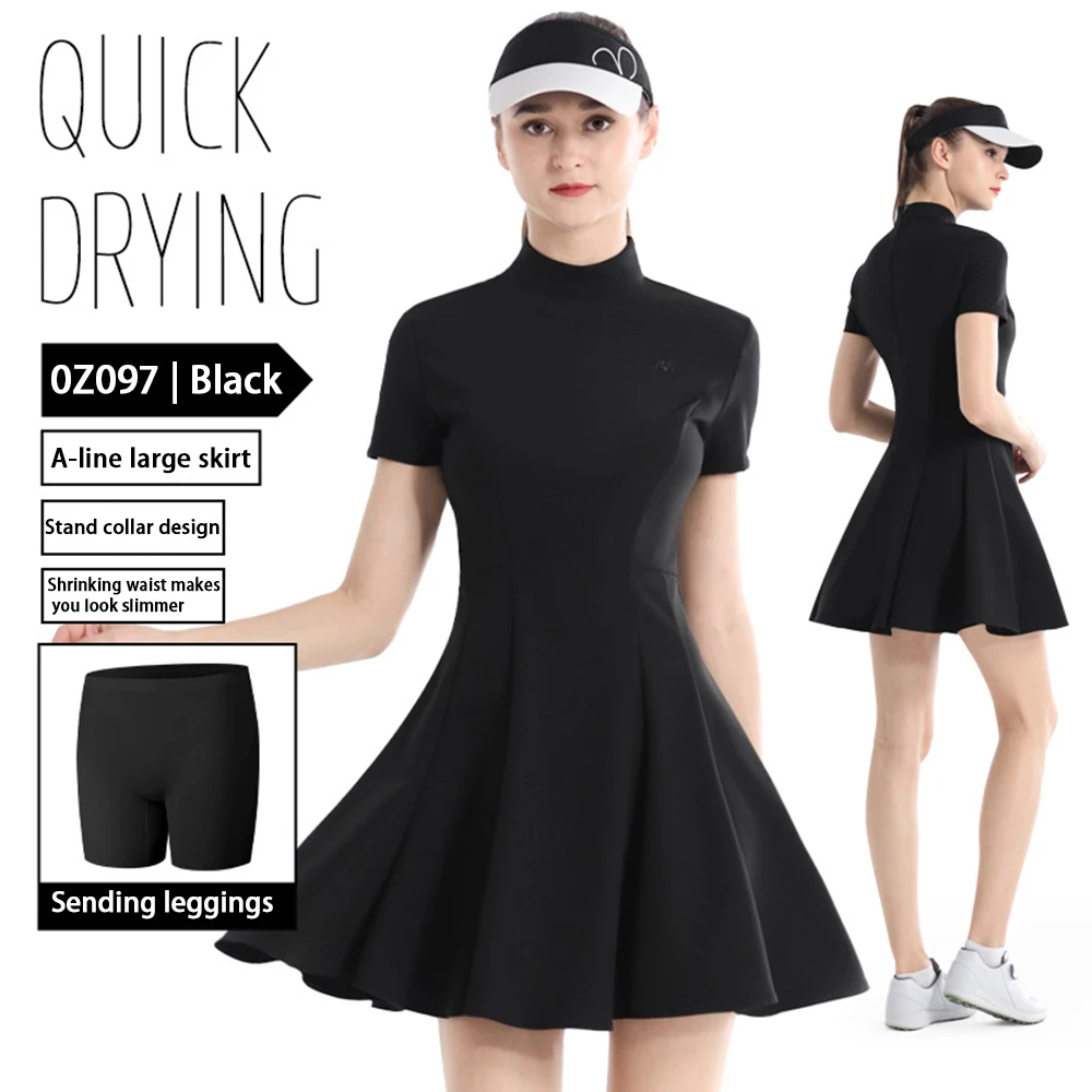 PGM Golf Women'S Dress, Summer Golf Clothing, High Elasticity Slim Fit A-Line Skirt, Stand Up Collar Short Sleeved Dress Qz097