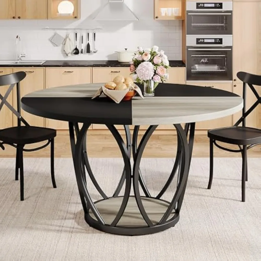 Round Dining Table for 4-6, 47-Inch Industrial Large Circle Kitchen Table, Modern Dinner Tables with Metal Pedestal Base