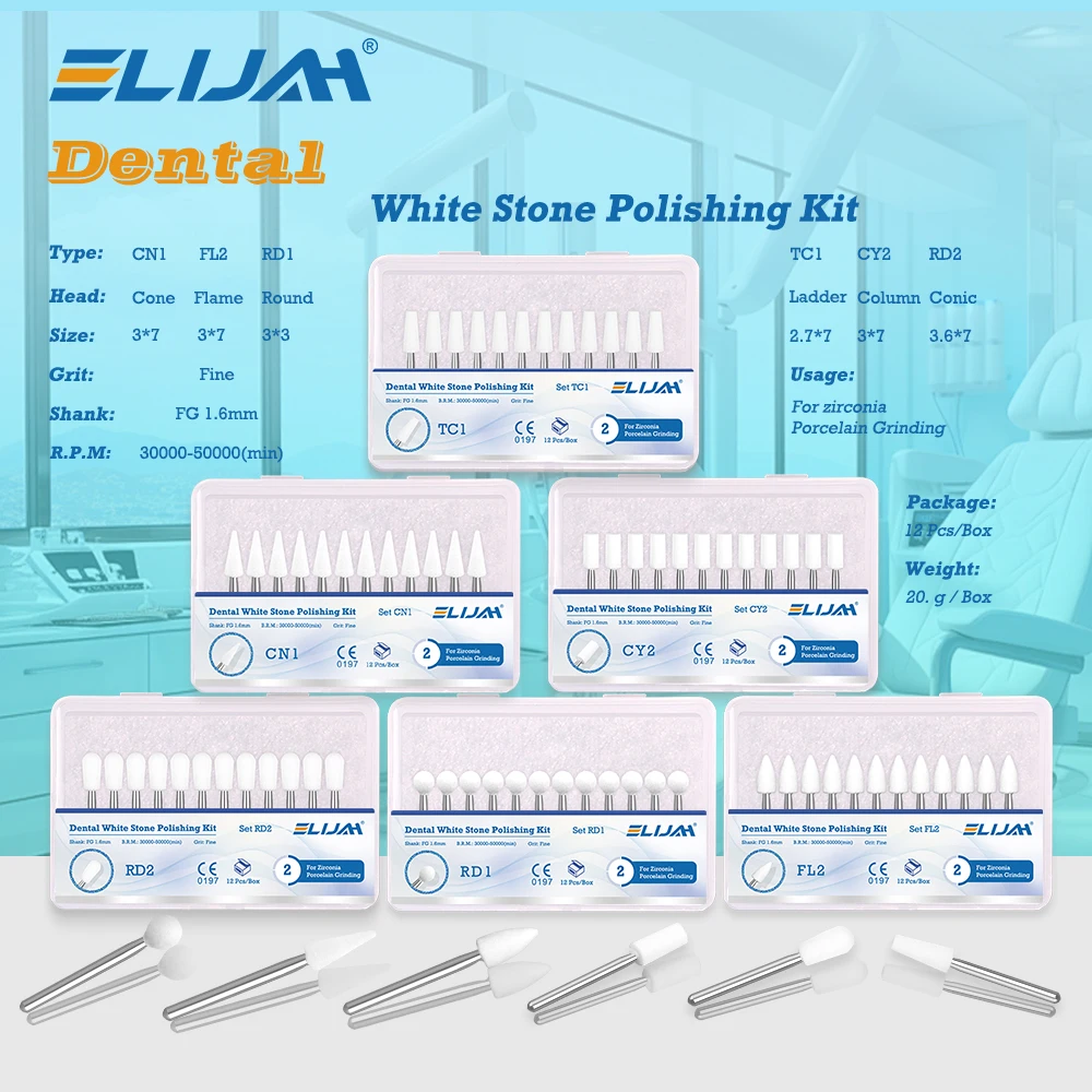 

ELIJAH 12Pcs Dental White Stone Polishing Burs for Finishing Porcelain Enamel & Composite Resin Flame/Cone/Round Shape Polishing