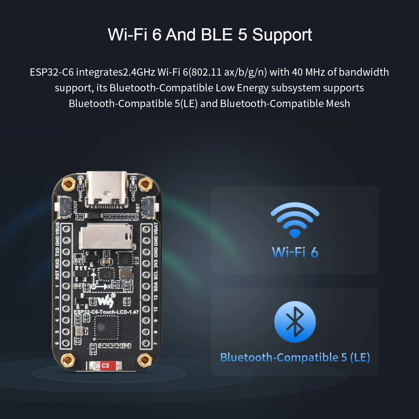 Placa de desarrollo de pantalla LCD táctil ESP32 C6 de 1,47 pulgadas con RGB-LED colorido compatible con WiFi 6 y Bluetooth para Arduino