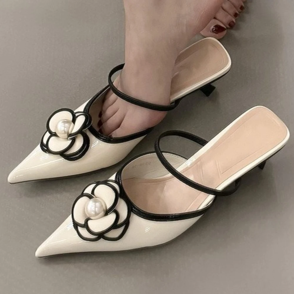 Designer-Blumen-Damen-Hausschuhe mit Absatz, Perlen, spitze Zehen, mittlere Absätze, Schuhe, 2025, modische flache Pumps, Party, Sommer, Chaussures für Damen