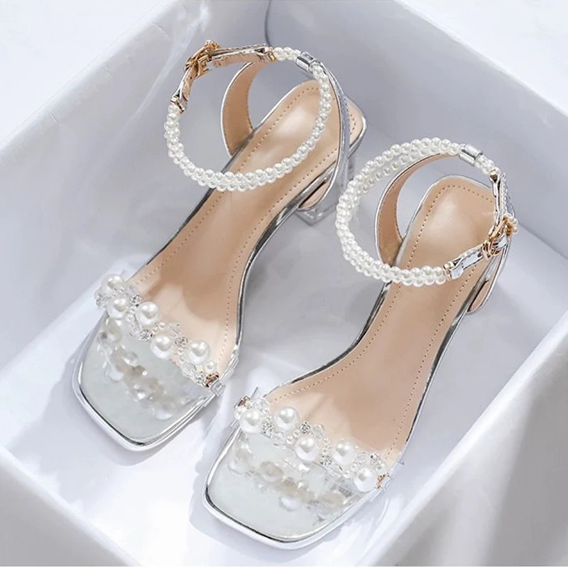 Beaded Women High Heels Sandals Shoes Summer Elegant PVC Dress Trend Chunky Slingback Party Zapatos Mujer Pumps Sandalias Pumps