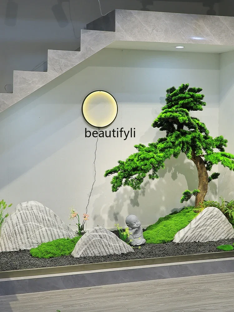 Simulated welcome pine landscape under indoor stairs Hotel lobby Rockery stone floor ornament Chinese Zen landscaping