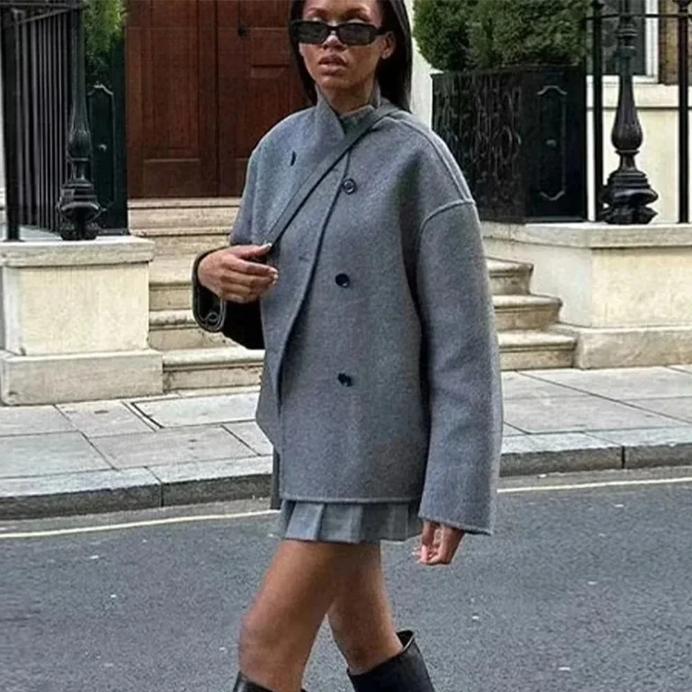 

Lady Loose Double Breasted Turtleneck Demi-season Jacket 2025 Fall Winter Women Casual Solid Woolen Coat Fashion Office