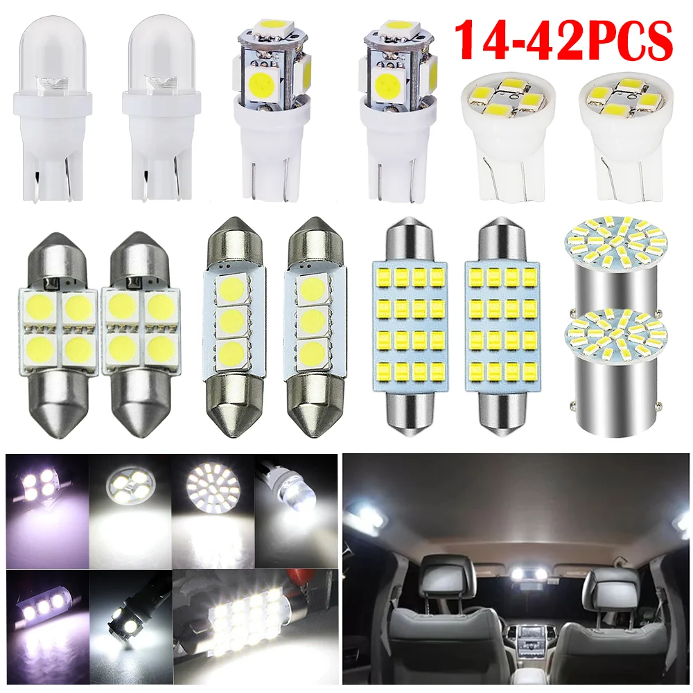 

14/42Pcs Car LED Interior Lights 6000K White Universal Automotive Lighting Bulb T10 Clearance Lamp License Plate Reading Lights
