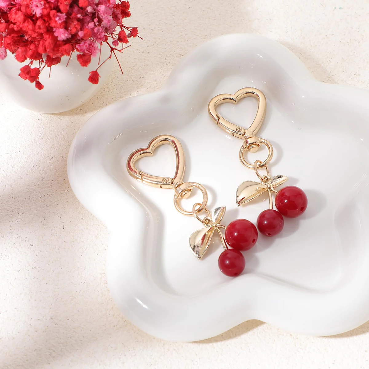 Golden Leaf Cherry Keychain Heart-shaped Keybuckle Bag Pendant Decoration Christmas Diy Jewelry Gift Handmade Hair Accessories