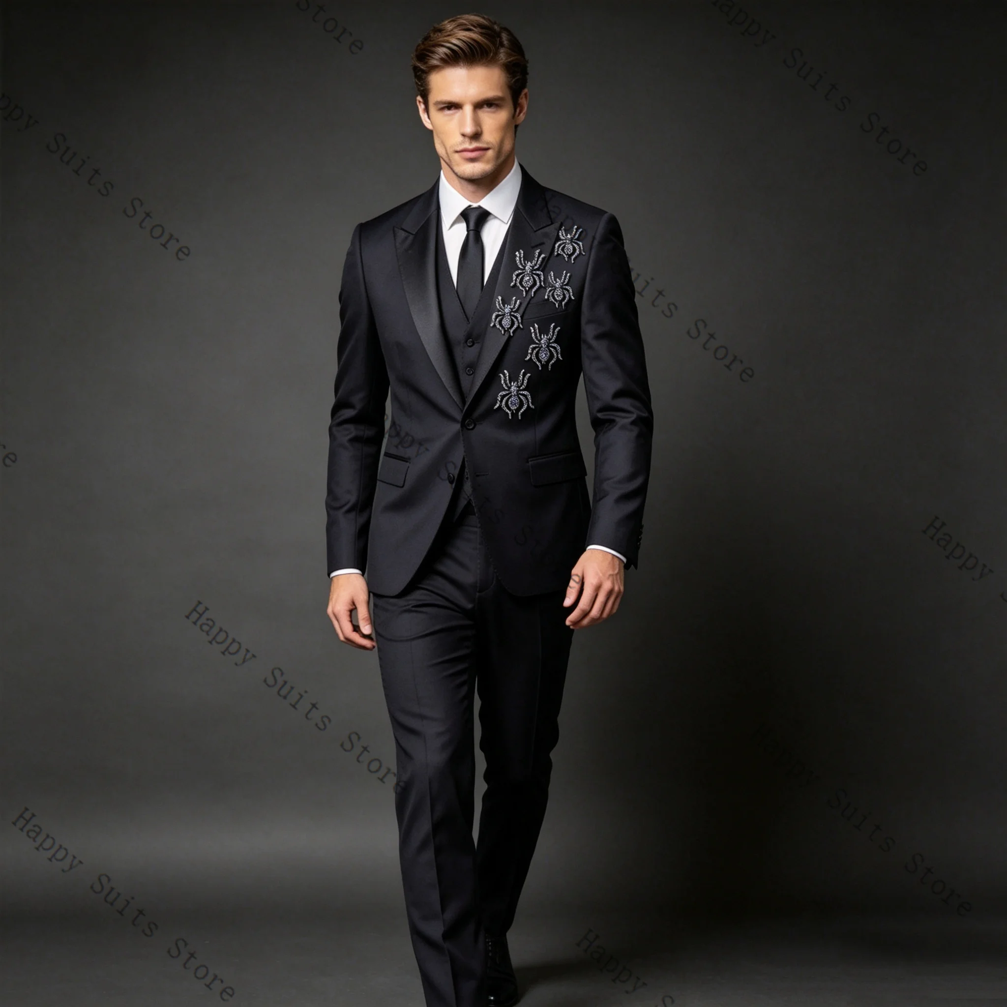 

Spider Crystals Black Men Suit Set 2 Pcs Blazer+Pants Trousers Formal Office Coat Wedding Tuxedo Customized Jacket Outfit