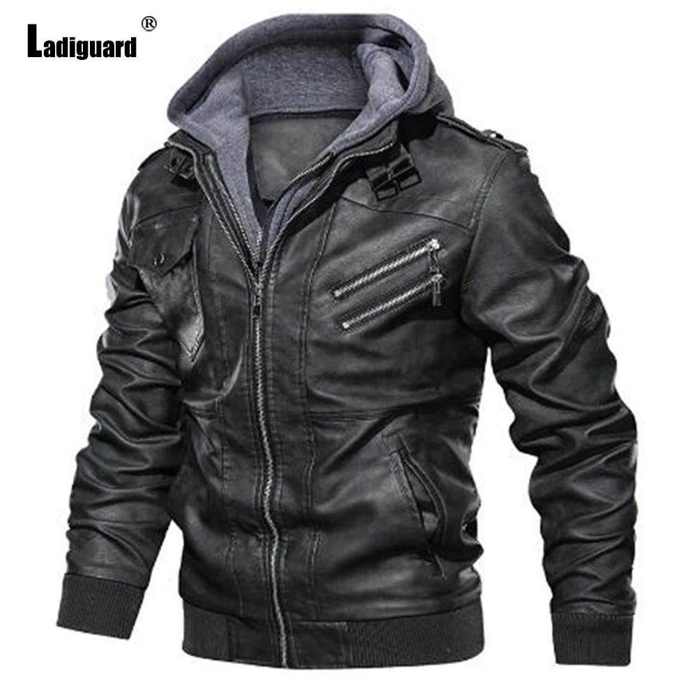 

204 European Style Fashion Pu Leather Jackets Plus Size Mens Hooded Coats Winter Warm Jacket Men's Zipper Pocket Tops Outerwear