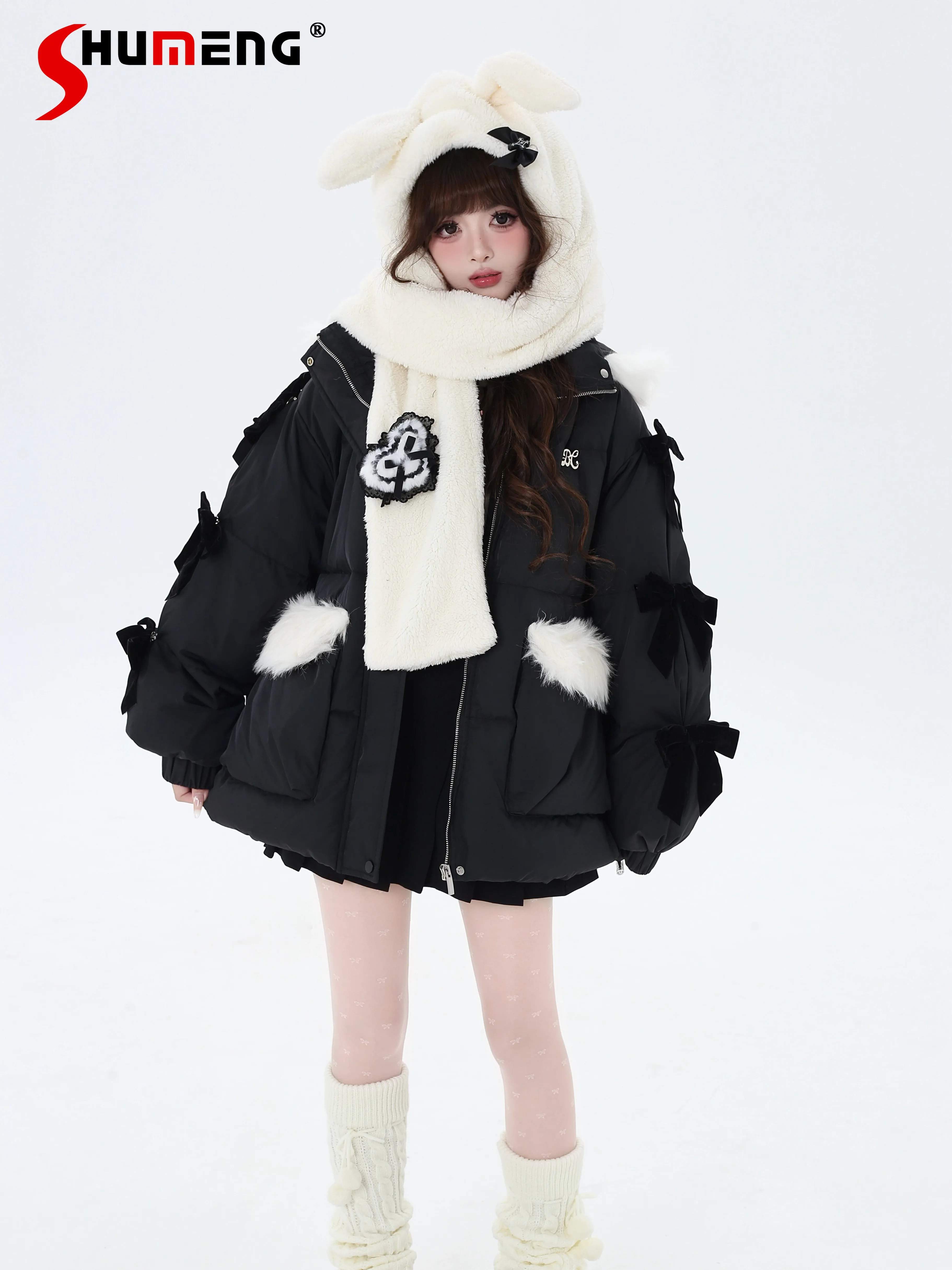 Japanese Sweet Cute 3D Bow Embroidery Hooded Plush Collar Thickened Warm Loose Versatile Black Down Coats Women Winter Jackets