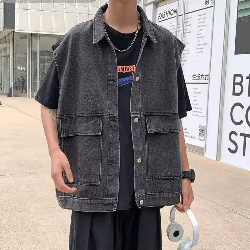 Oversized Blue Denim Vest for Men, Vintage, Korean, Sleeveless, Basic, HarajukuTank Top, Jeans Jacket