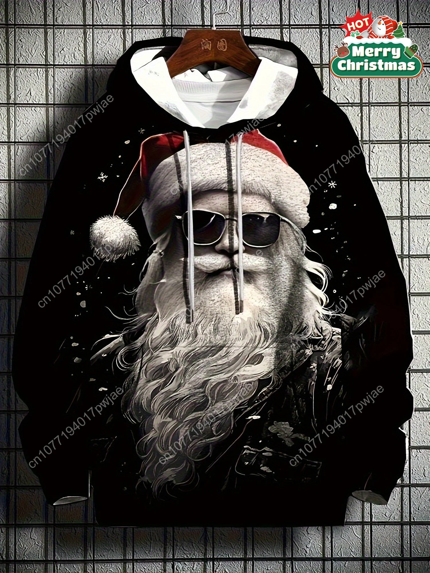 Felpa con cappuccio da Babbo Natale da uomo - Felpa natalizia nera con grafica con cappello da Babbo Natale, felpa con cappuccio a maniche lunghe per feste natalizie, C