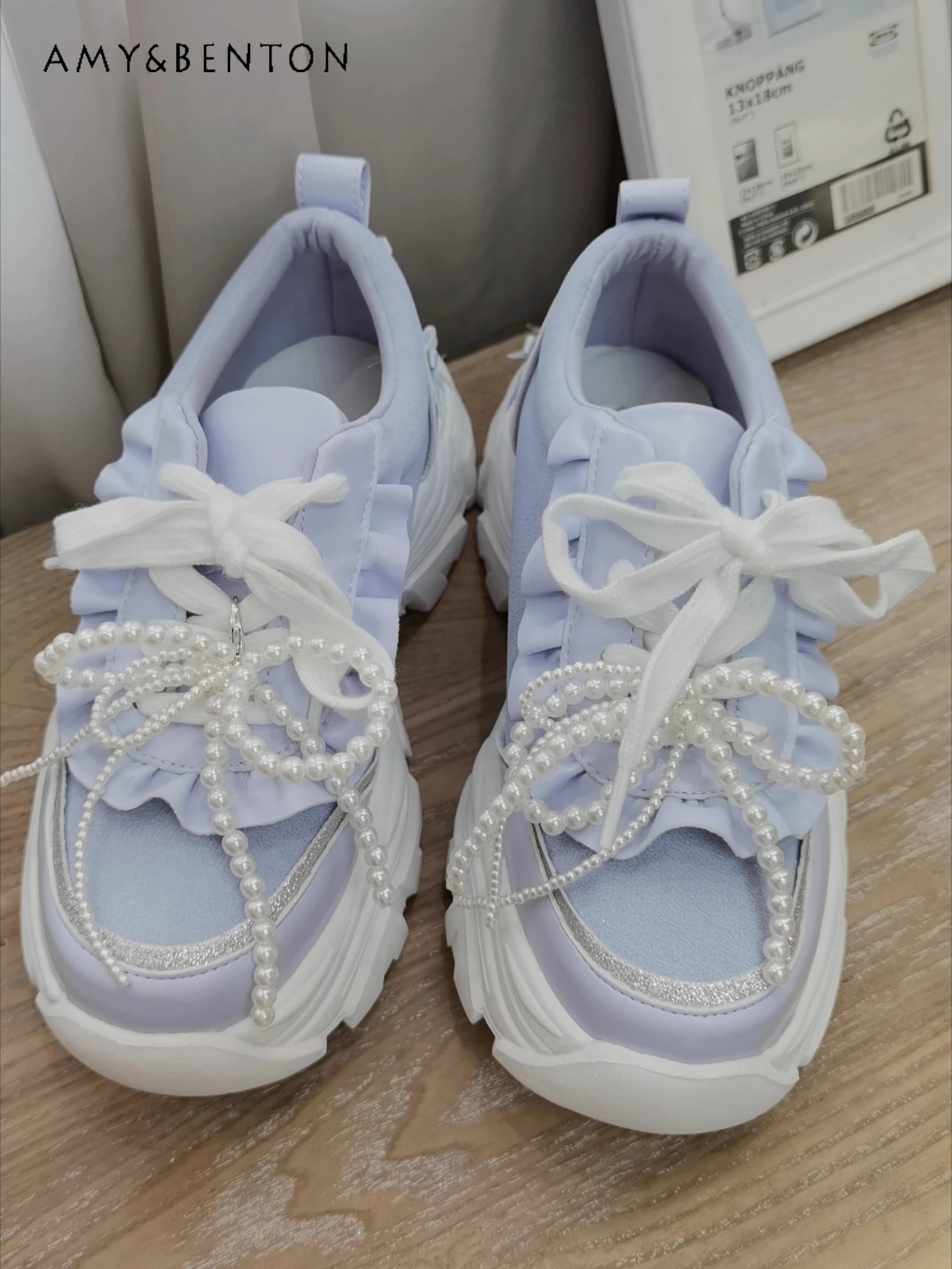 

Vintage Sweet Lolita Pearl Bow Thick-Soled Japanese Style Sports Shoes Women Daily Casual Cute Versatile High-Heel Sneakers