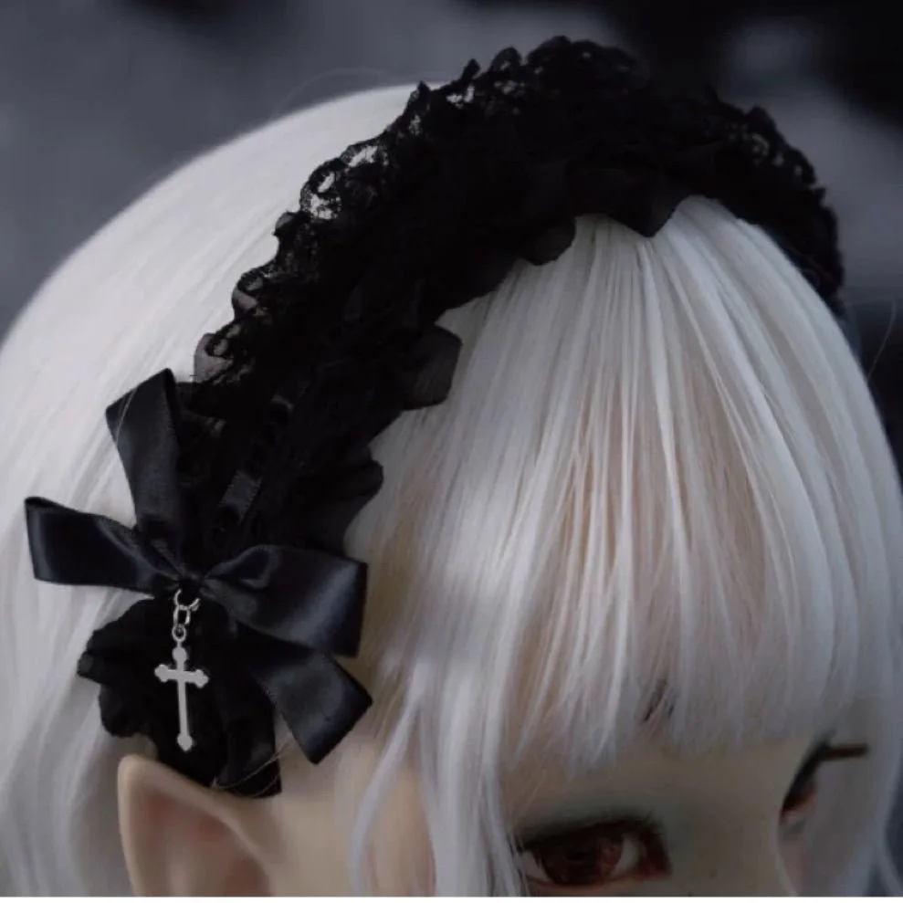 Gothic Bow Lace Cross Harajuku Punk Headbands Women Subculture Streewear Hair Band Y2K Girl Headdress Hair Accessories