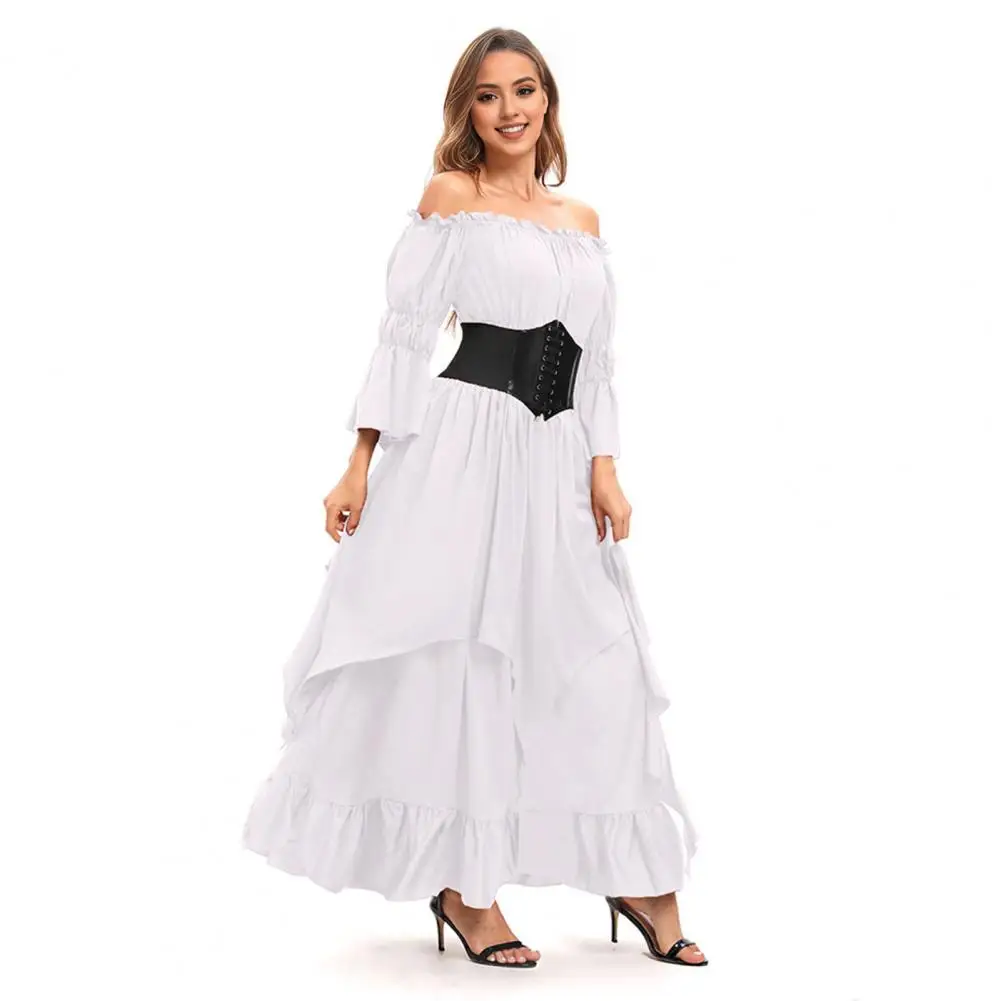 

Elasticated Puff Sleeves Design Renaissance Dress Elegant Vintage Pirate Ball Gown with Off Shoulder Bell Sleeves for Halloween