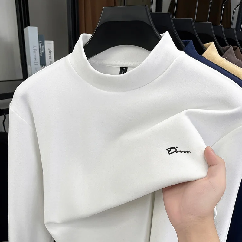

Luxurious high-end Men's Mock Neck Long Sleeve T-Shirt Letter Embroidery Soft Breathable Stretch Casual Business Base Laye Men's