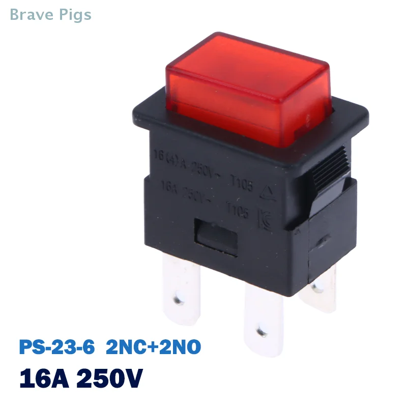 16A 4 Pins Locked Push Button Electrical Rocker Switch With LED Light Red Heater Touch Switch 250V PS-23-16