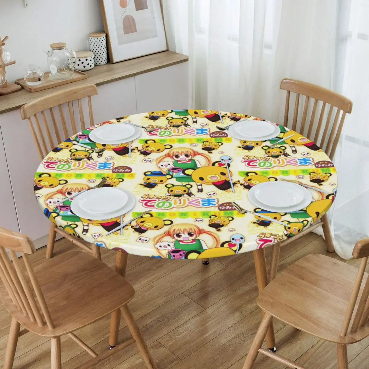 Round Waterproof Oil-Proof Disney Cartoon Tenorikuma Sanrio Bear Tablecloth Backing Elastic Edge Table Covers  Fit Table Cloth