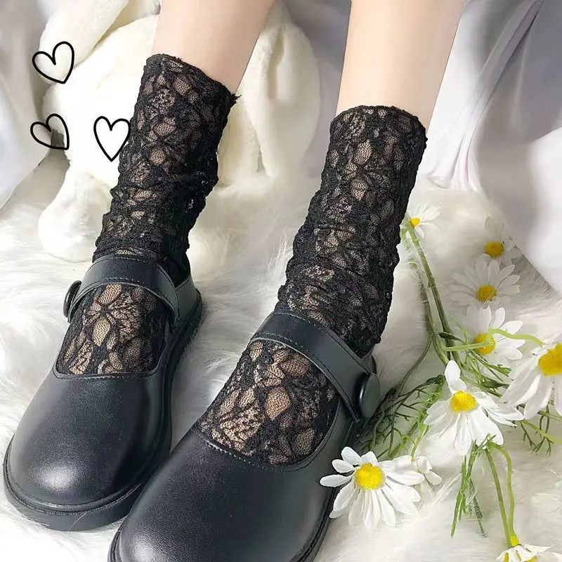 Sexy Women Lace Socks Japanese Lolita White Long Mesh Hosiery Summer Cartoon Flower Pattern Sock  Pregnant Women Accessories