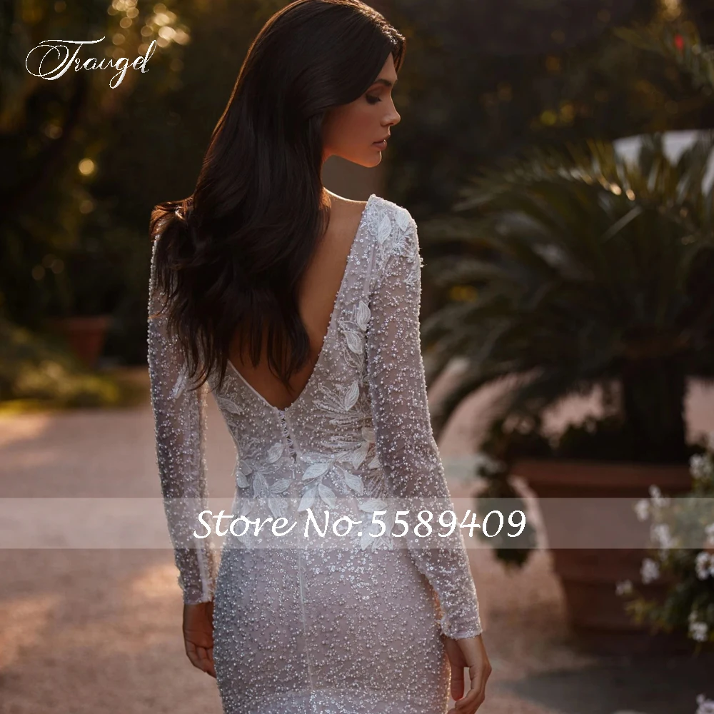 Traugel Elegante rückenfreie lange Ärmel Spitze Meerjungfrau Brautkleider Luxus Applikation Perlen Hofschleppe Vintage Trompete Brautkleid