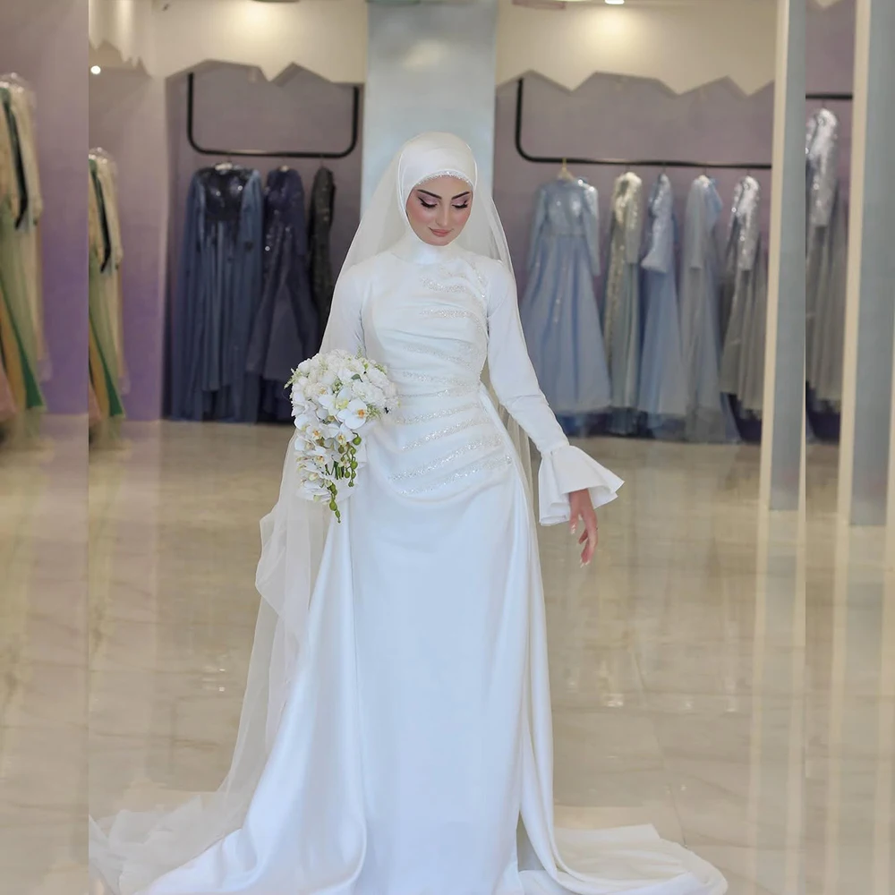 

Muslim Wedding Dresses High Quality Satin with Sequined Pleat Flare Sleeve Mermaid High Neck White Train Bridal Gown Customized