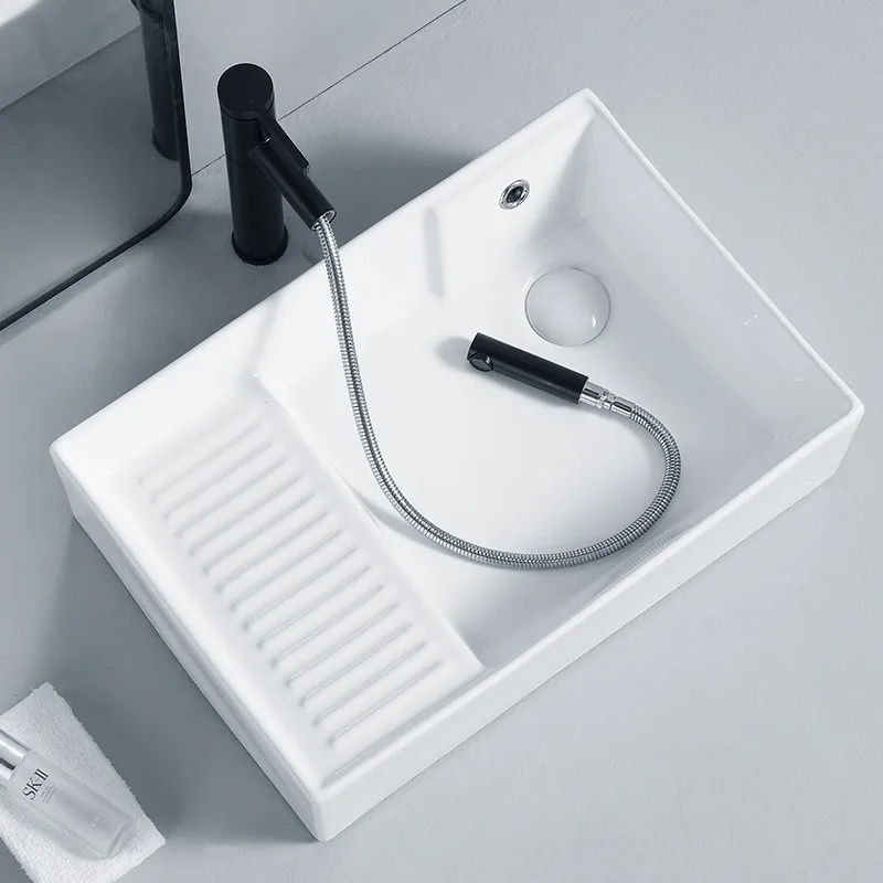 

Laundry basin on the stage, side launching with washboard, balcony ceramic pool, left and right washbasins, hand washing, face