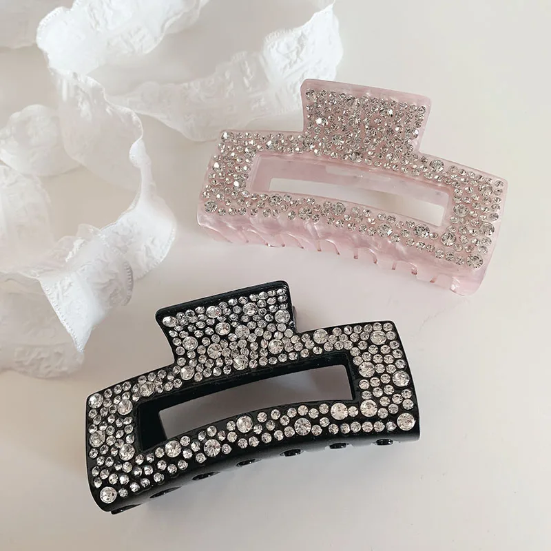 New Design 8cm Delicate Full Rhinestones Square Hollow Shark Clip Simple Fashion Acetate Hair Clip Claw For Woman Girls