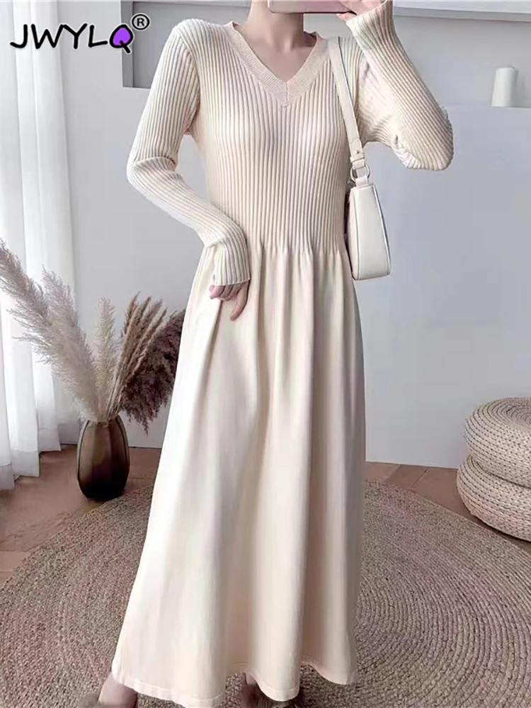 

Autumn Winter V-neck Slim Long Sleeve Knitted Dress Korean Fashion Streetwear Long Sweater Dresses Casual All-match Soft Dresses