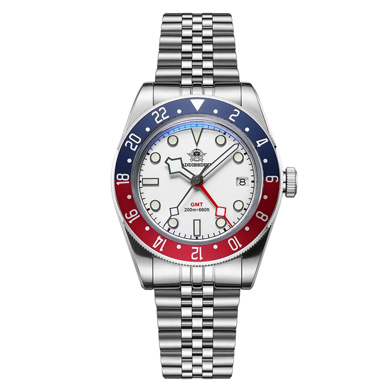 Addiesdive Luxe GMT515-24H Herenhorloge Diver 200M Bubble Spiegelglas BGW9 Super Lichtgevend Roestvrij Staal Heren Analoge Horloges