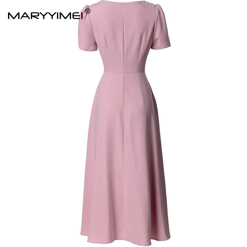 MARYYIMEI Elegancka Sukienka Damska na Imprezę Studniówkową Krótki Rękaw Koraliki Wyszczuplająca Sukienka Jednolita Wiosna Lato 2025 Nowość