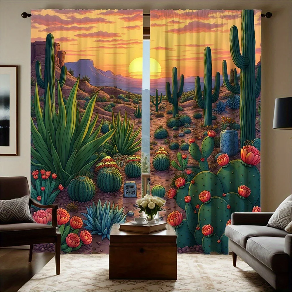 2pcs Desert Sunset Print Curtains - Vibrant Cacti & Red Flower Plants, Semi-Transparent Polyester Fabric, Rod Pocket Design for
