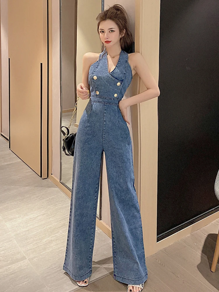 Mode Sommer Einem Stück Overalls Für Frauen Denim Casual Sexy Halter-Backless Party Weibliche Mujer Breite Bein Lose Strampler Straße