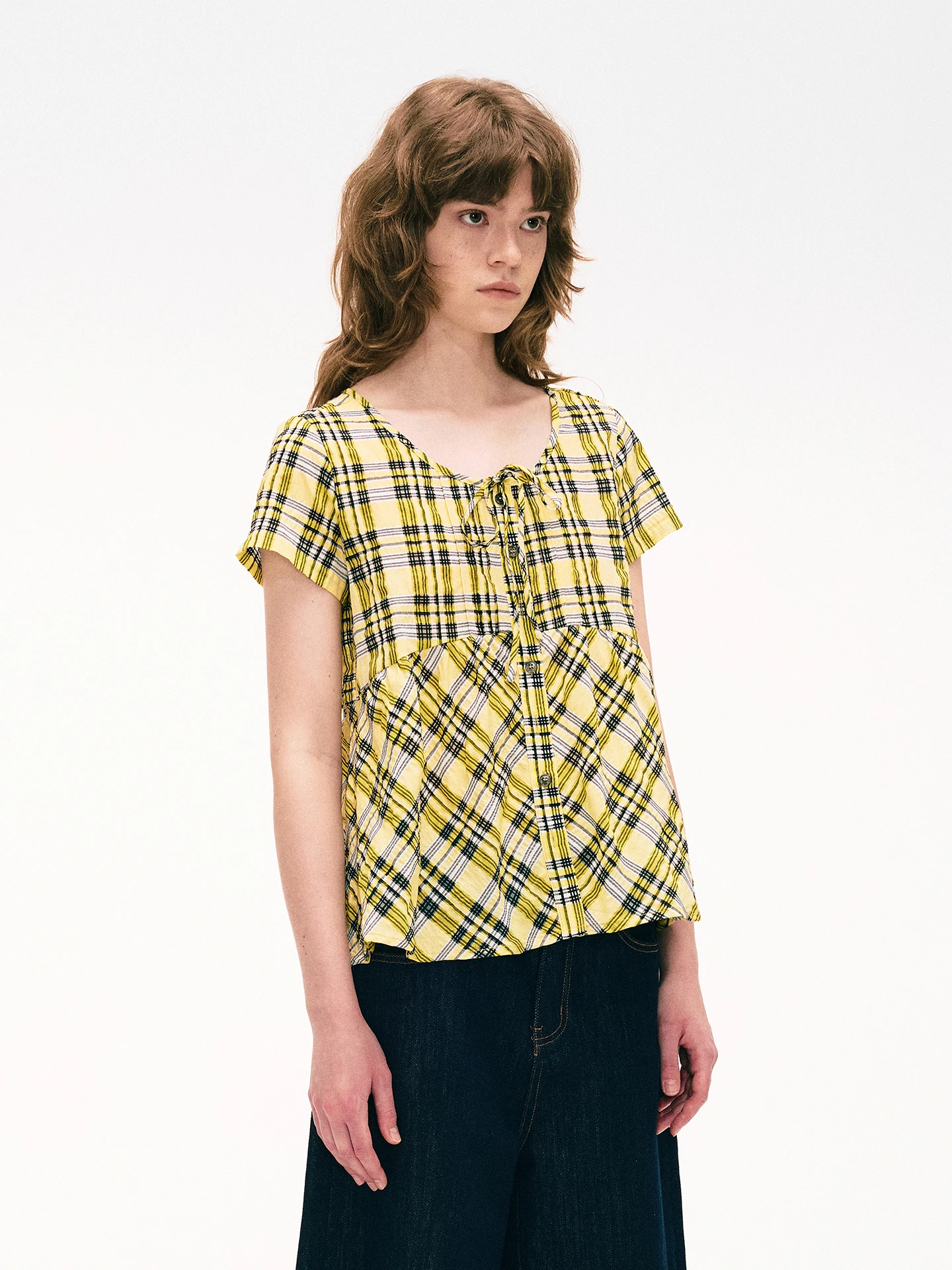 

Loose Bubble Plaid irt round Ne Tie Dotted Pattern Women's Comfortable Breathable Cotton Polyester Blend ort Sve