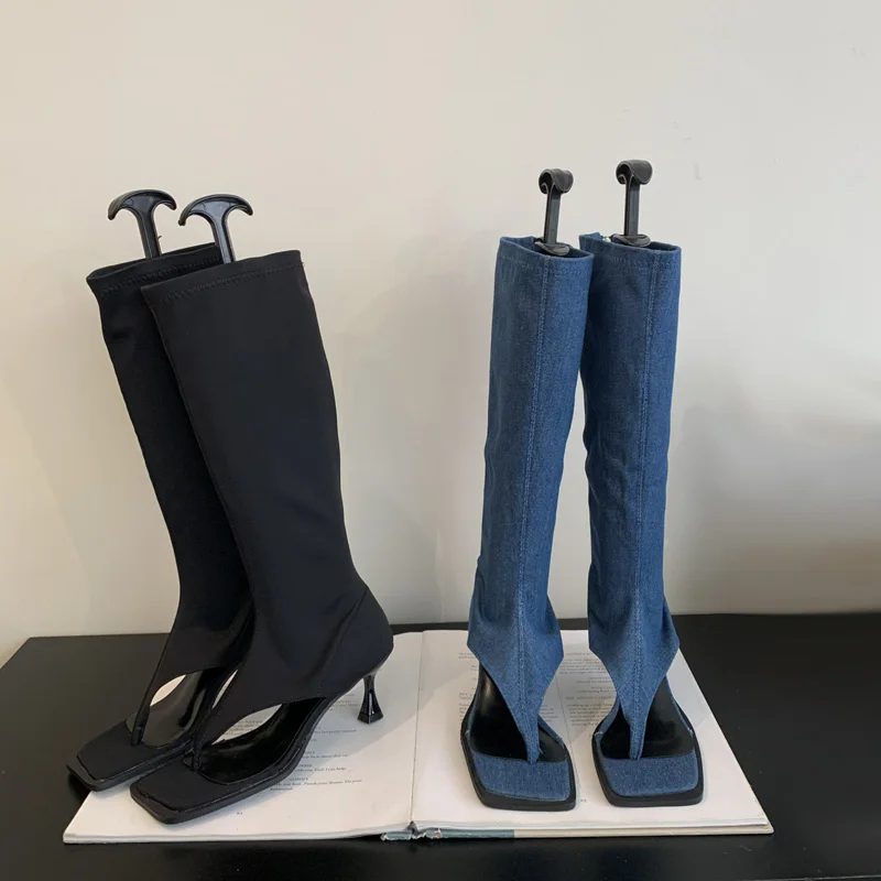 Blue Boots Sexy Thong High Heels Summer Clip Toe Knee High Boots Women Peep Designer Shoes Black Botas Largas De Mujer