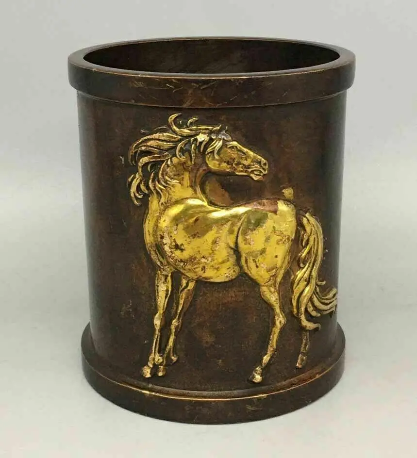 

China Tibet Buddhism Bronze Gilt Horse Statue Pen Container