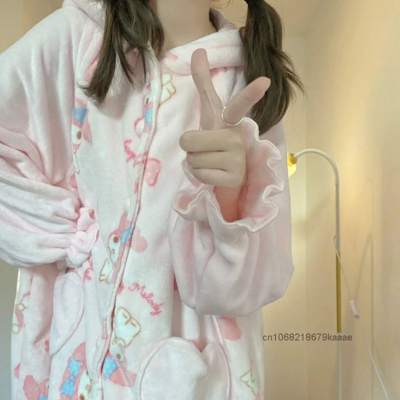 Sanrio meine Melodie dicken Samt Nachtwäsche niedlichen warmen Frauen Winter Flanell Kapuze Pyjama koreanischen Stil y2k Mädchen nach Hause Schlaf gewand