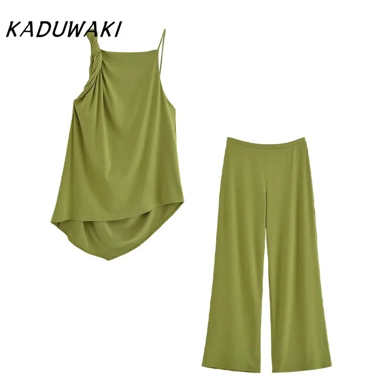 

KADUWAKI Women Solid Pants Suit Backless Pleated Asymmetric Decoration Sleeveless Top Elastic Waist-drooping Wide-leg Pants 2pcs