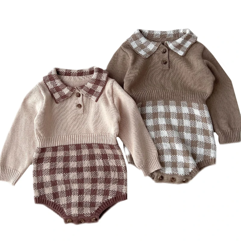 Baby Girls Romper Autumn NewBorn Baby Knitted Romper Grid Long Sleeve Newborn Boys Clothes Infant Baby Jumpsuits Girl overall