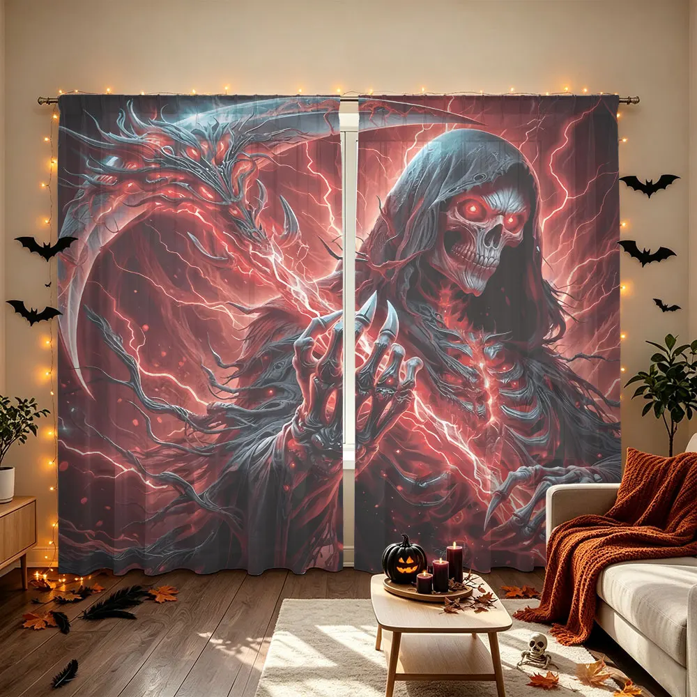 2pcs Red Light Shadow Grim Reaper Scythe Print Rod Pocket Curtains, Light Blocking Privacy Drapes For Living Room Bedroom Hom