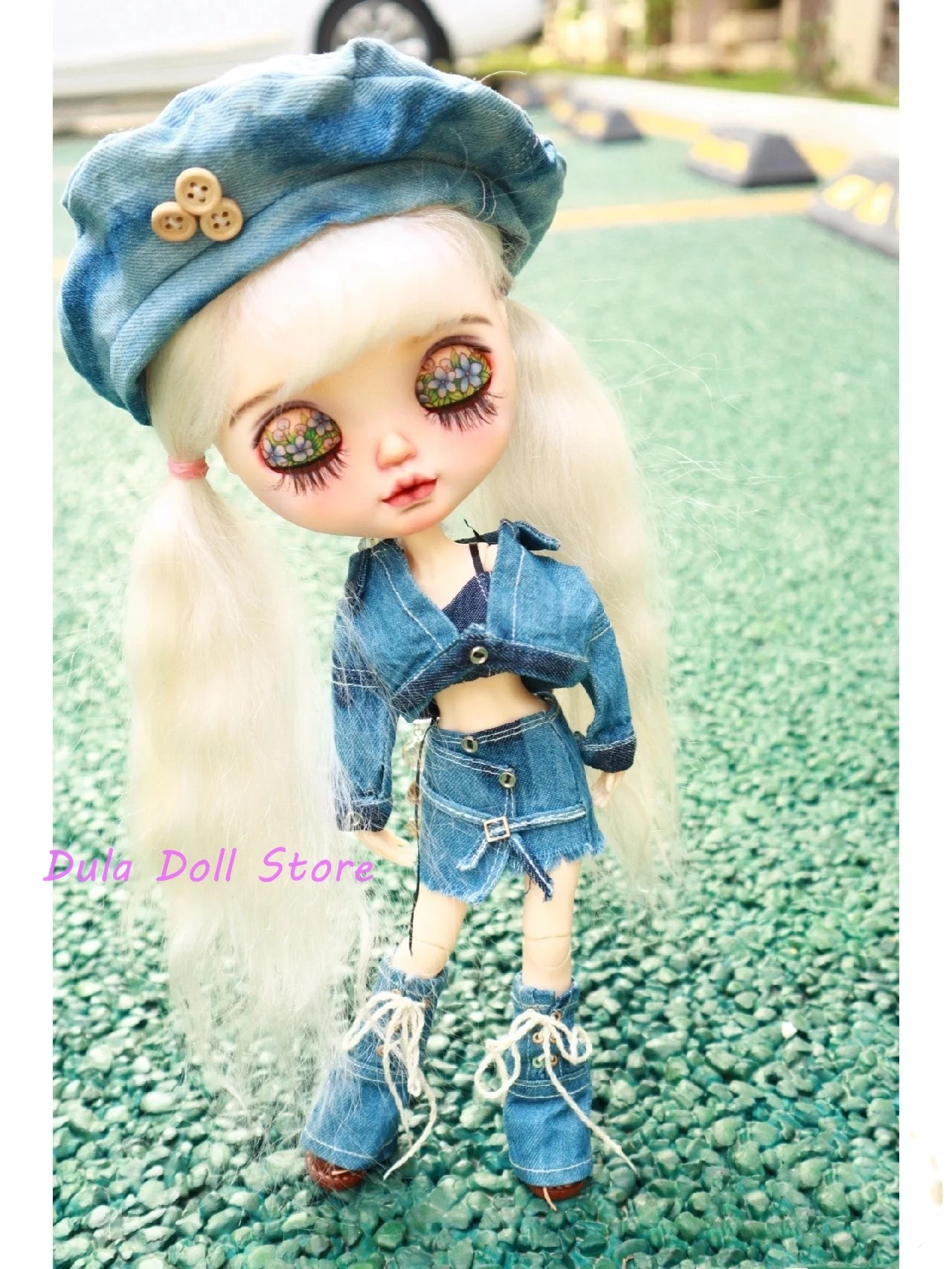 Dula Doll Clothes skirt Sand washed old denim shirt with hat Blythe Qbaby ob24 ob22  Bjd Doll