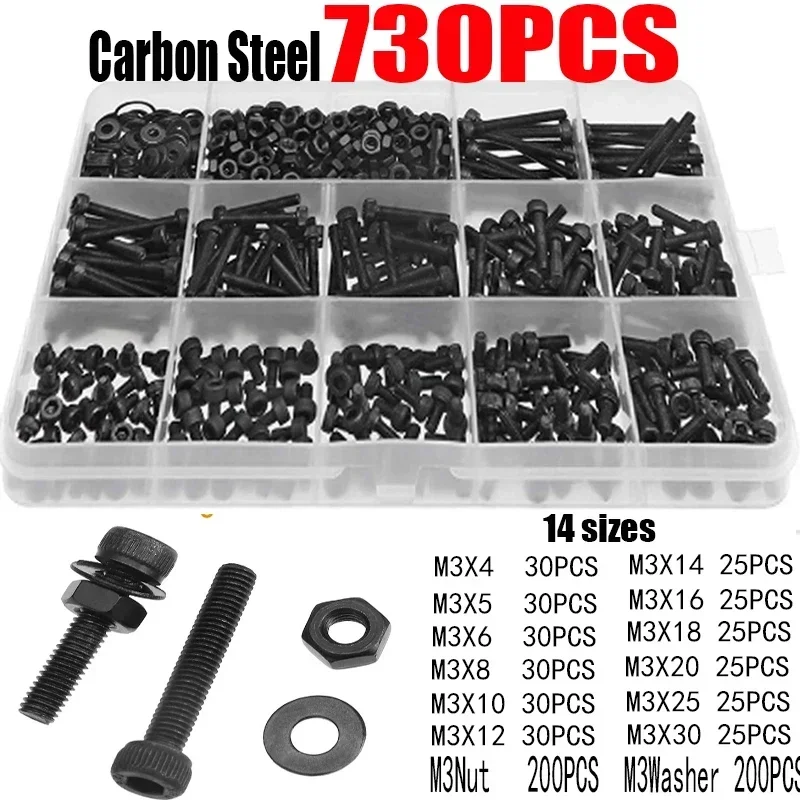 730pcs M3 Nuts M3 Hex Socket Screw Set Carbon Steel Flat Round Cap Head Screws Bolts and Nuts Flat Washer Nuts Male Wrench
