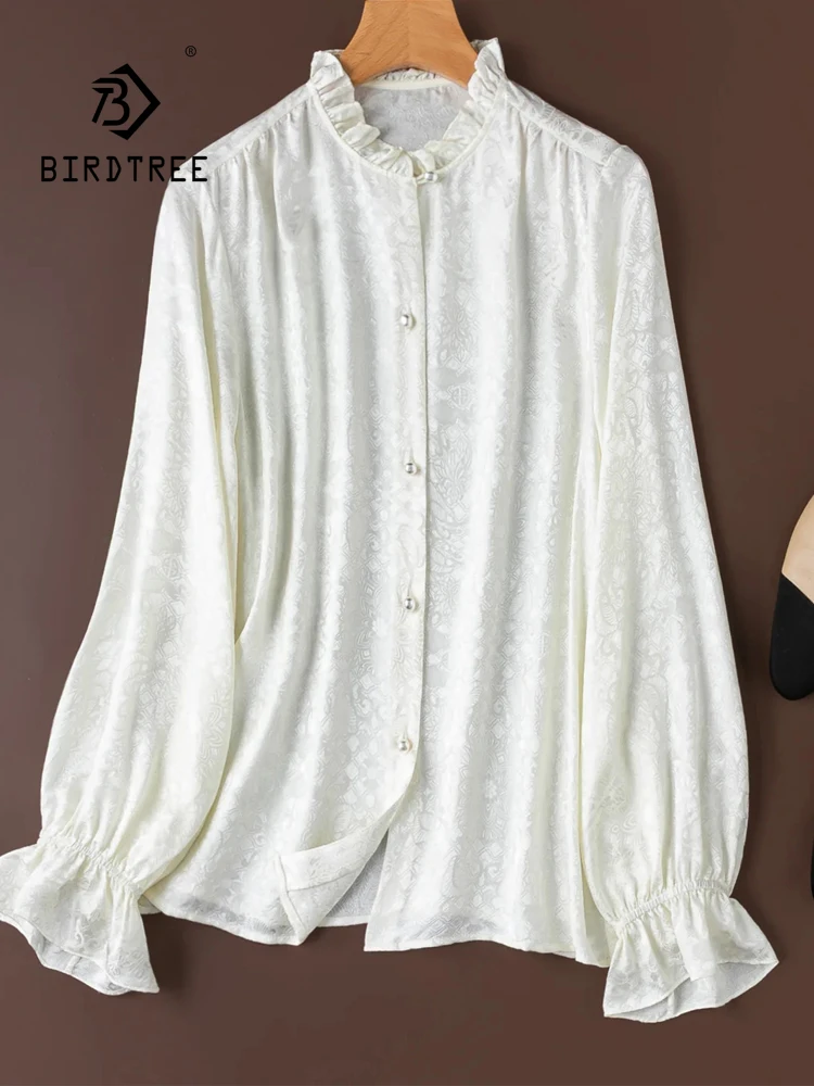 BirdTree-100%Real Silk Elegant Shirt, Ruffled Long Sleeve Jacquard, Women Retro Court Style Loose Blouse, 2026 Autumn T6O463CC