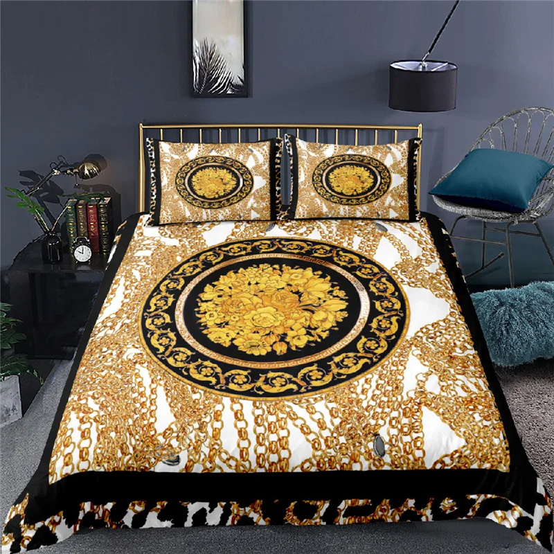 Luxury 3D Golden Baroque Style Print 3Pcs Kids Bedding Set Comfortable Duvet Cover Pillowcase Home Textile Queen and King Size